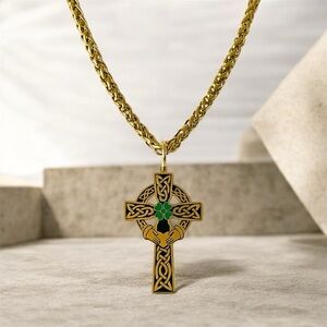 Men's 316L Surgical Stainless Steel Irish Celtic Claddagh Cross Pendant Necklace